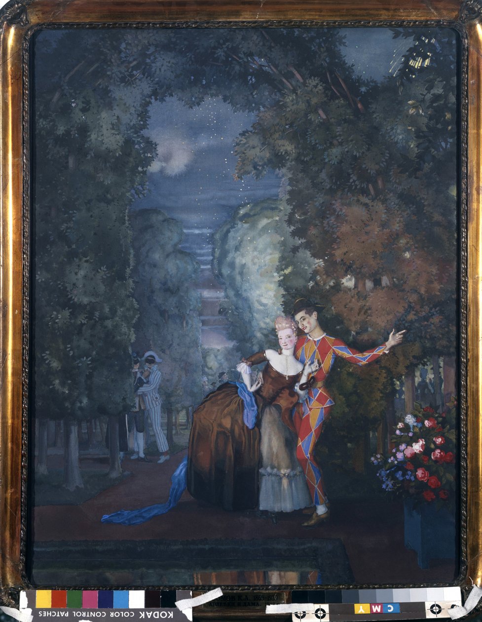 Arlekin i dama, 1912 (wc i gwasz na tekturze) autorstwa Konstantin Andreevic Somov