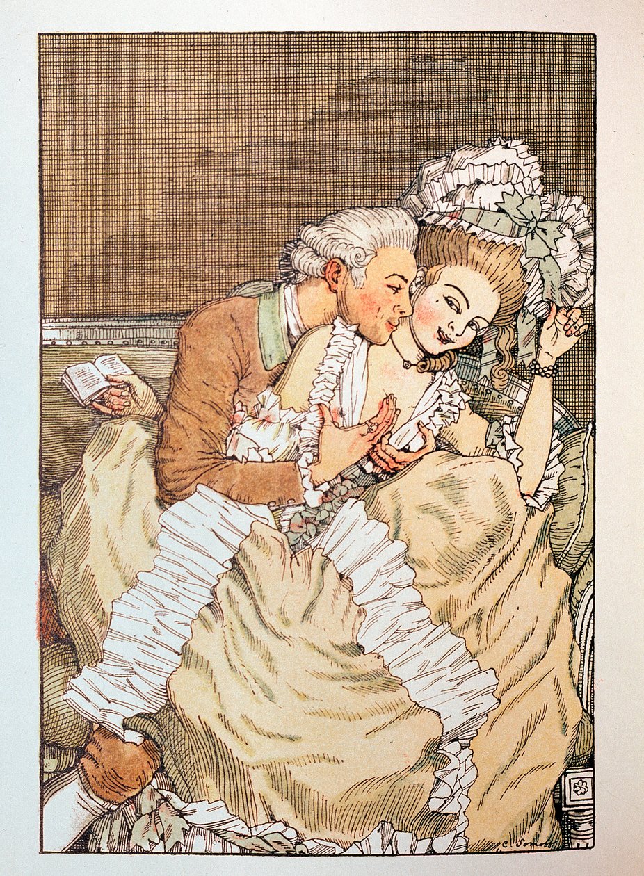 Ilustracja do „Le Livre de la Marquise” Franza Blei (Ilustracja do Księgi markizy Franza Blei) (marka przekomarzająca się z niecierpliwym kochankiem) - Praca Konstantina (Constantina) Andreyevicha Somova (1869-1939), akwaforta autorstwa Konstantin Andreevic Somov