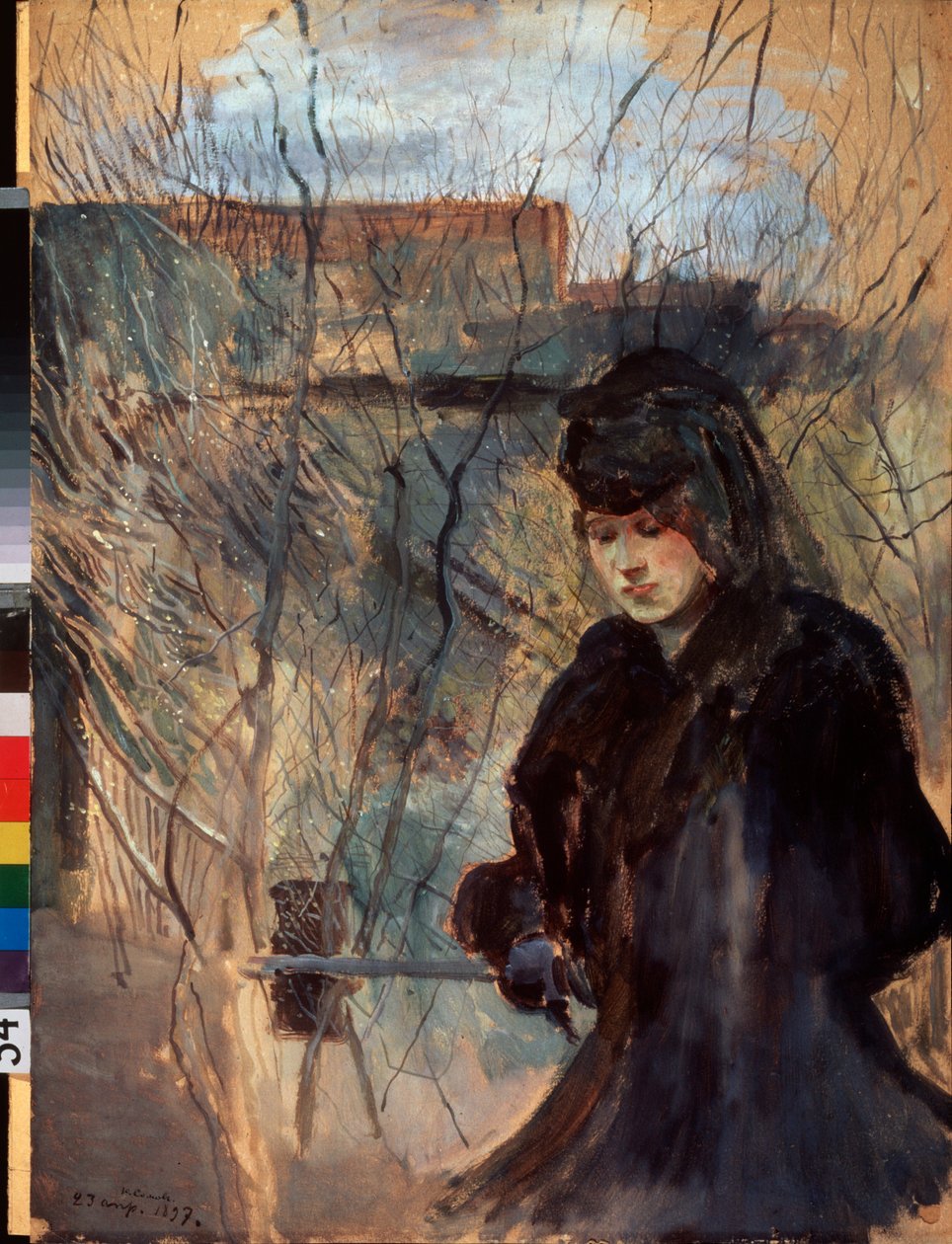 Printemps (Wiosna) (Kobieta ubrana na czarno, wyglądająca melancholijnie i patrząca w dół, oparta o cienką barierę) - Praca Konstantina (Constantina) Andreyevicha Somova (1869-1939), akwarela i gwasz na tekturze autorstwa Konstantin Andreevic Somov