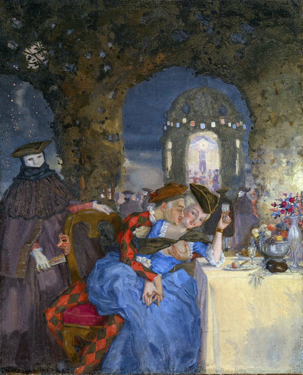 ""Rendez-vous"" Para przekomarzająca się na letniej imprezie pod okiem zamaskowanych postaci Obraz Konstantina Somova (1869-1939) - ok. 1918 - Olej na płótnie Wymiary wym. 27x22 cm Kolekcja prywatna autorstwa Konstantin Andreevic Somov