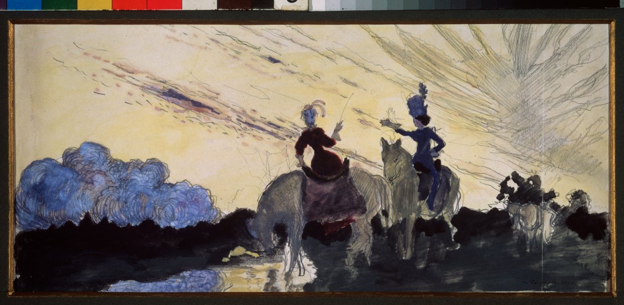 Spacer. (Dwóch jeźdźców obserwuje niebo i krajobraz). Praca Konstantina (Constantina) Andreyevicha Somova (1869-1939), ołówek i gwasz na papierze autorstwa Konstantin Andreevic Somov