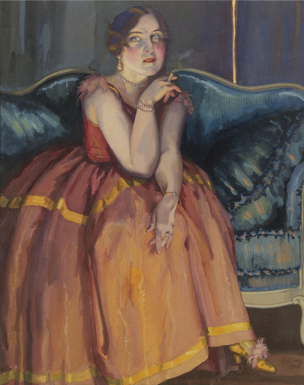 Kobieta paląca papierosa na kanapie autorstwa Konstantin Andreevic Somov