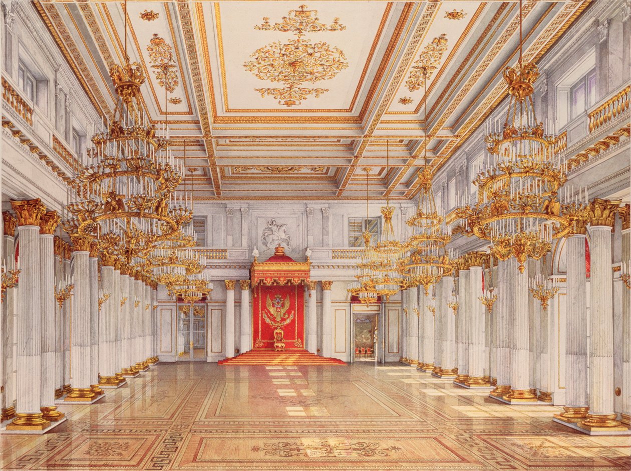 Sala Jerzego, Wielka Sala Tronowa Pałacu Zimowego w Sankt Petersburgu - Praca Konstantina Andrejewicza Ukhtomskiego (Konstantyna Oukhtomskiego) (1818-1881), akwarela na pa autorstwa Konstantin Andreyevich Ukhtomsky