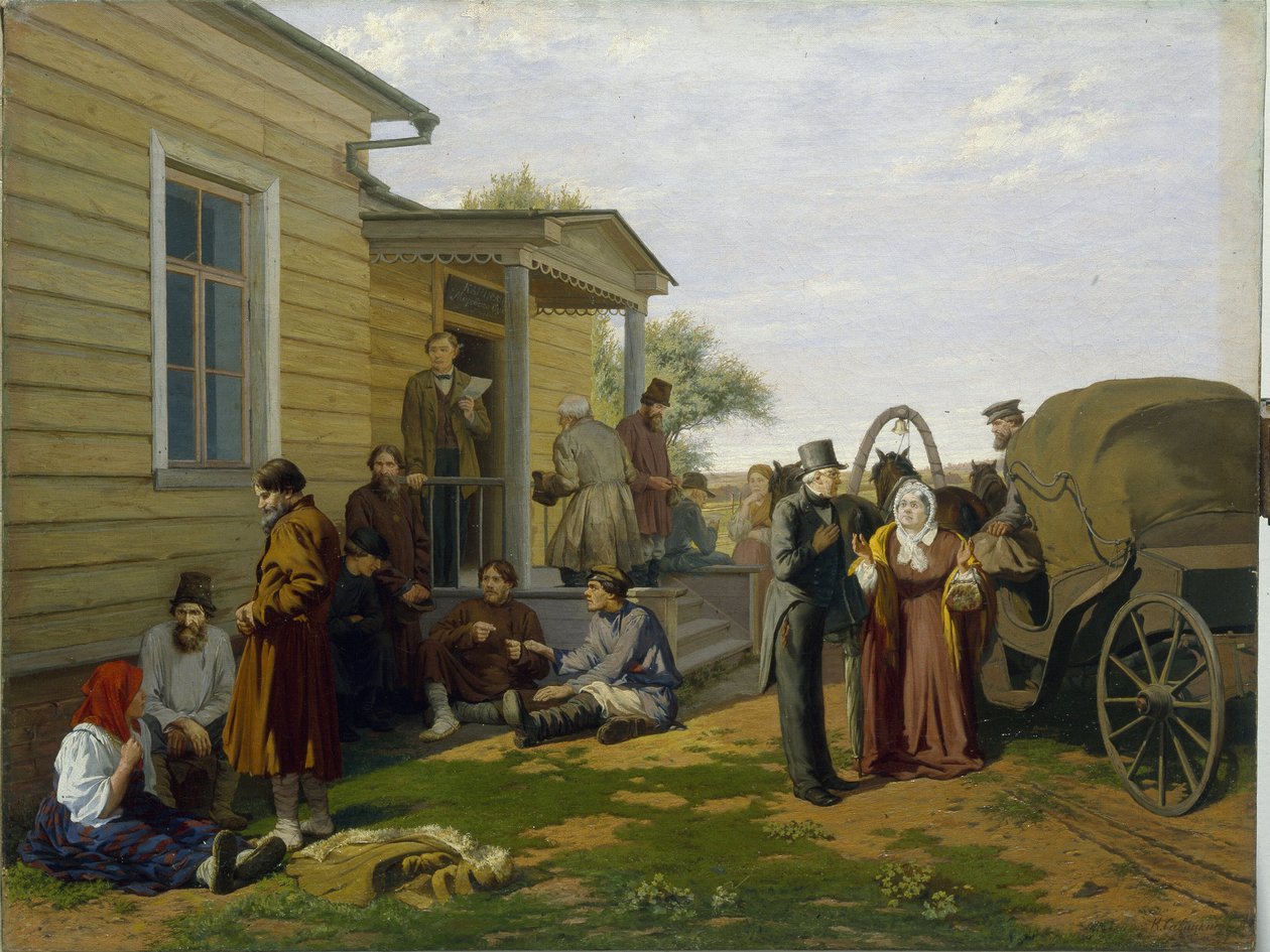 Sędzia pokoju. Budynek sądu na rosyjskiej wsi, chłopi czekają na pogawędkę, prawnicy są zajęci. Obraz Konstantina Apollonowicza Sawitskiego (1844-1905), olej na płótnie. XIX-wieczna sztuka rosyjska. Regi autorstwa Konstantin Apollonovich Savitsky