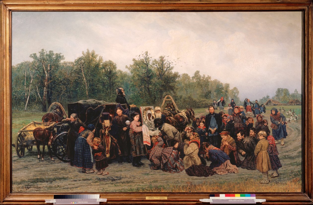 Przybycie ikony (Na wiejskiej drodze wieśniacy biegną zobaczyć obraz i klękają przed obrazem, przyniesionym przez prawosławnego księdza) - Obraz Konstantina Apollonowicza Sawitskiego (1844-1905) , olej na płótnie autorstwa Konstantin Apollonovich Savitsky