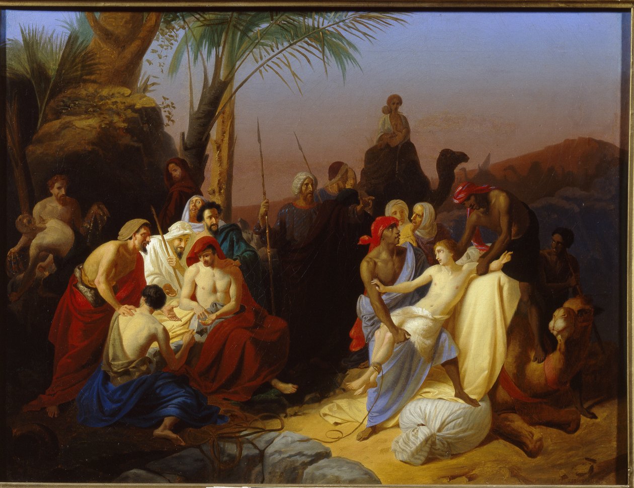 Sprzedaż Józefa. (Odcinek z Księgi Rodzaju, kiedy Józef zostaje sprzedany przez braci handlarzom niewolników. Obraz Konstantina Dmitriewicza Flawickiego (1830-1866), olej na płótnie autorstwa Konstantin Dmitrievich Flavitsky