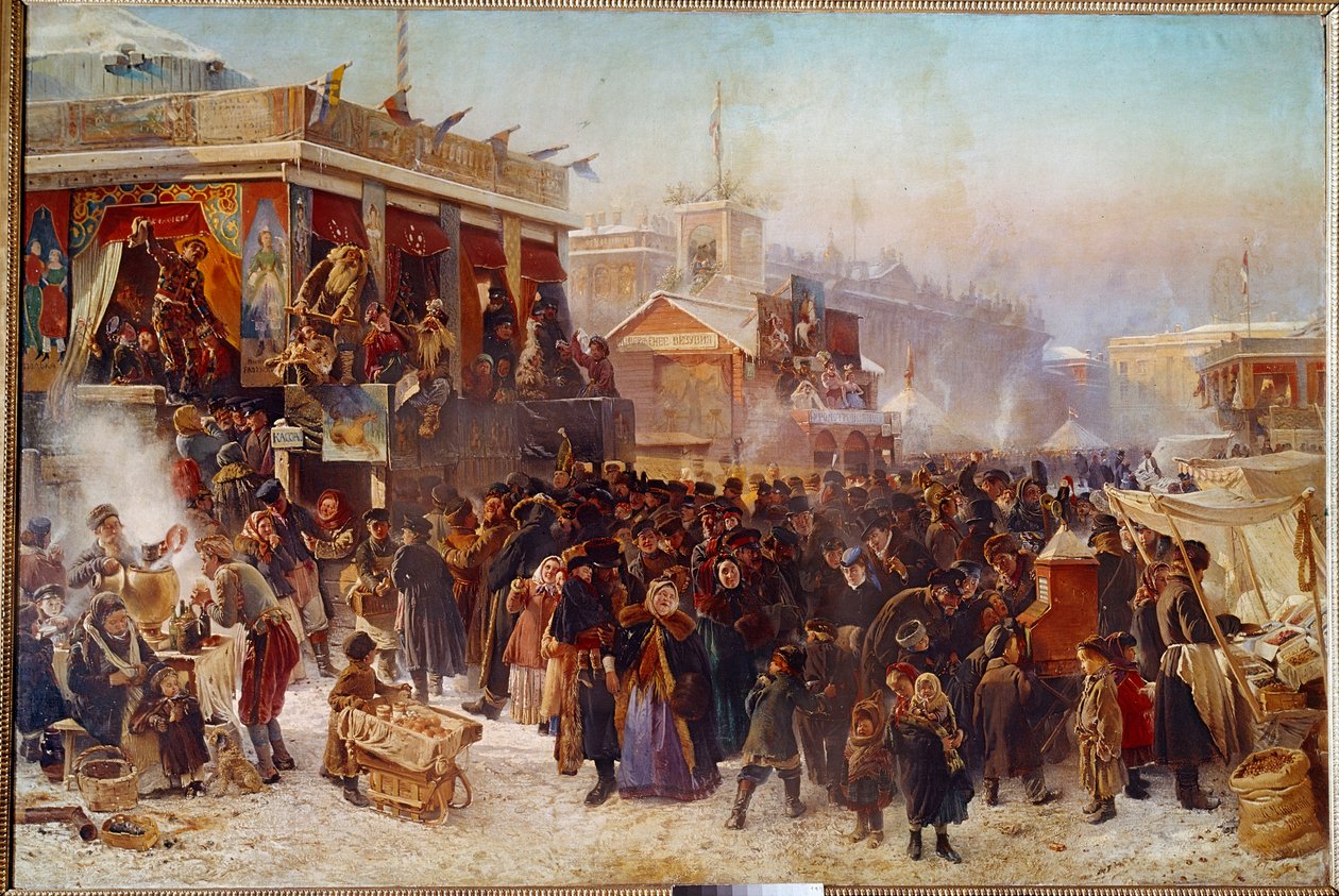 Balladins na Placu Admiraut w St. Petersburg Street Theatre Show. Obraz Konstantyna Makowskiego (Makowskiego) (1839-1915) (ec.rus.) 1869 Moskwa, Galeria Tretiakowska autorstwa Konstantin Egorovich Makovsky