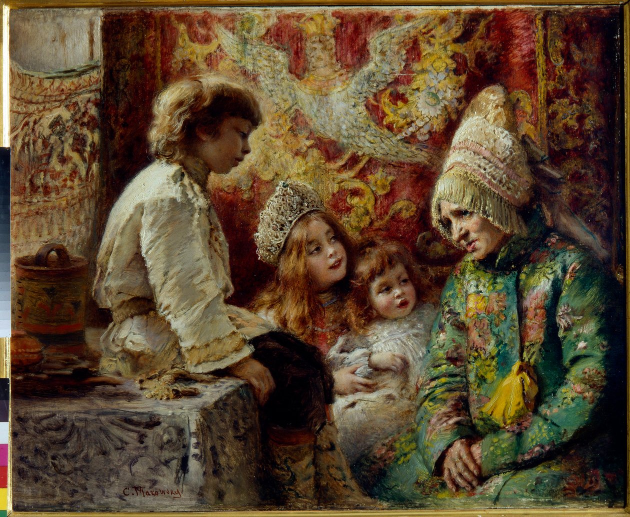 Babcia z dziećmi (Bajka babci) - Makowski, Konstantin Jegorowicz (1839-1915) - 1882 - Olej na drewnie - Państwowe Skansen Pałac Pawłowsk, Sankt Petersburg autorstwa Konstantin Egorovich Makovsky