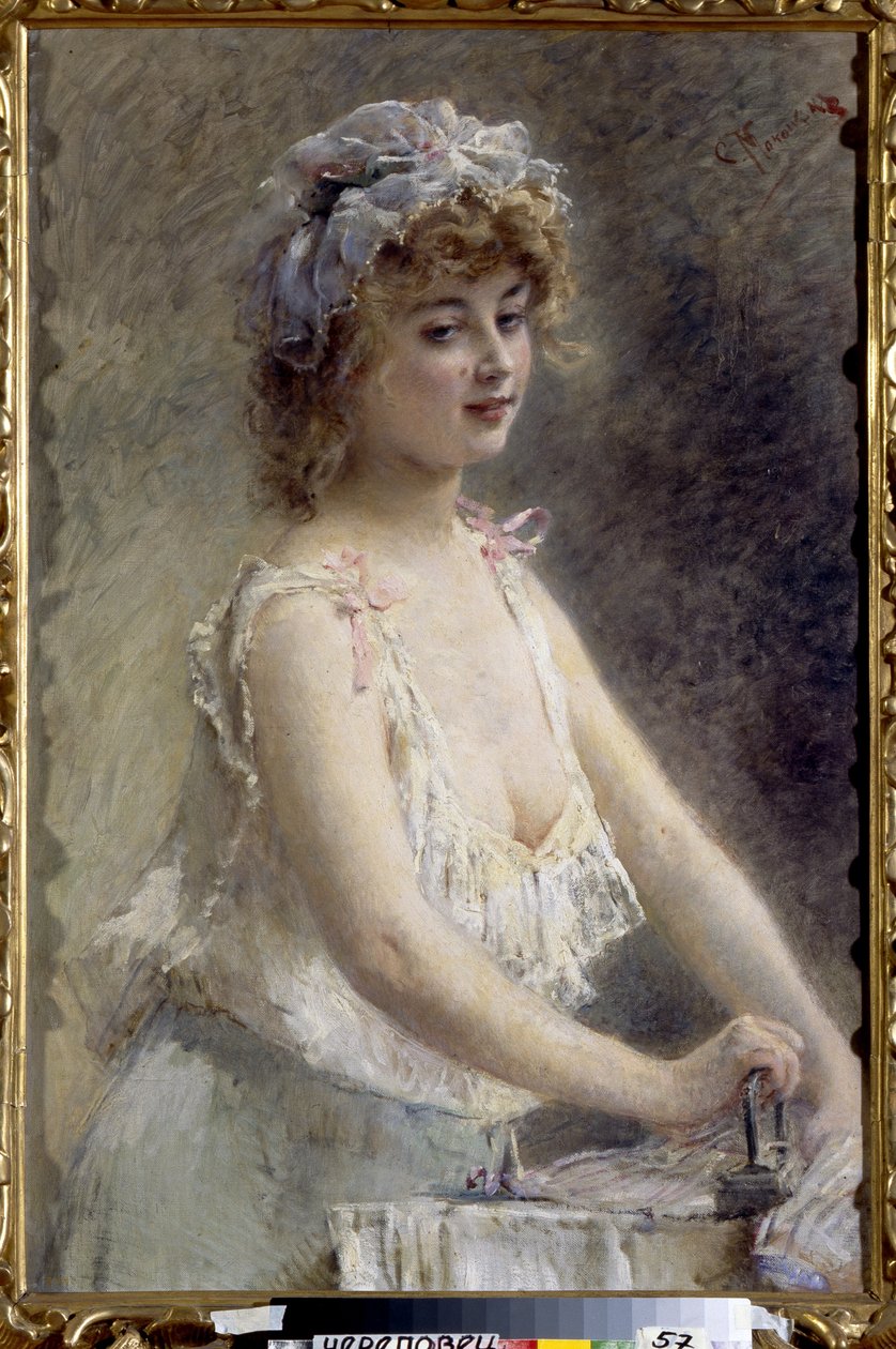 Prasownica. (Kobieta prasowanie). Młoda kobieta w bieliźnie, ubrana w peniuar i koronkowy szlafmycy, wykonująca domowe zadanie. Obraz Konstantina Jegorowicza Makowskiego (Konstantyna Makowskiego) (1839-1915), olej na płótnie, ok. 1880 r. Sztuka r autorstwa Konstantin Egorovich Makovsky