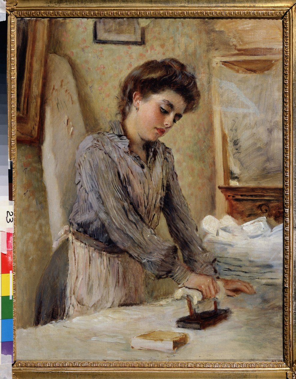 Prasownica - Prasująca kobieta. Obraz Konstantina Jegorowicza Makowskiego (Konstantyna Makowskiego) (1839-1915), olej na płótnie, ok. 1900 r. Sztuka rosyjska na przełomie XIX i XX wieku. Państwowe Muzeum na Wolnym Powietrzu, Kreml Rostowski, Rostów (Rosja) autorstwa Konstantin Egorovich Makovsky