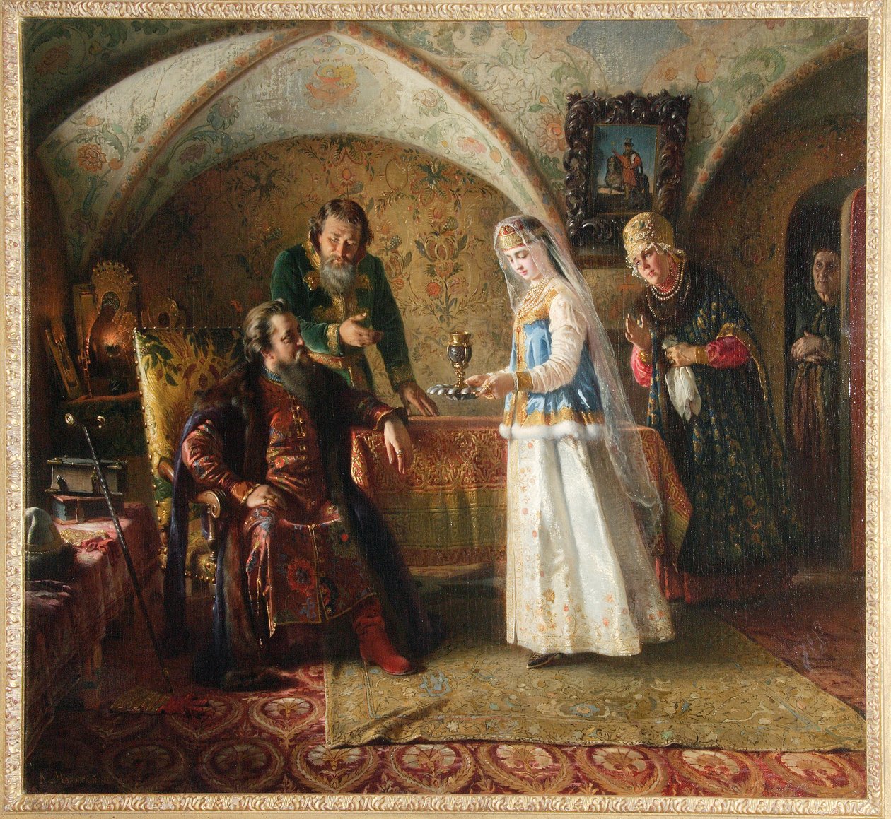 Życie codzienne u bojara rosyjskiego (Bojar, Bojar) w XVII wieku. (Z codziennego życia rosyjskiego bojara w XVII wieku). W domostroy Wielkiego Księstwa Moskiewskiego młoda kobieta ubrana w suknię ślubną zostaje przedstawiona mężowi. Ona autorstwa Konstantin Egorovich Makovsky