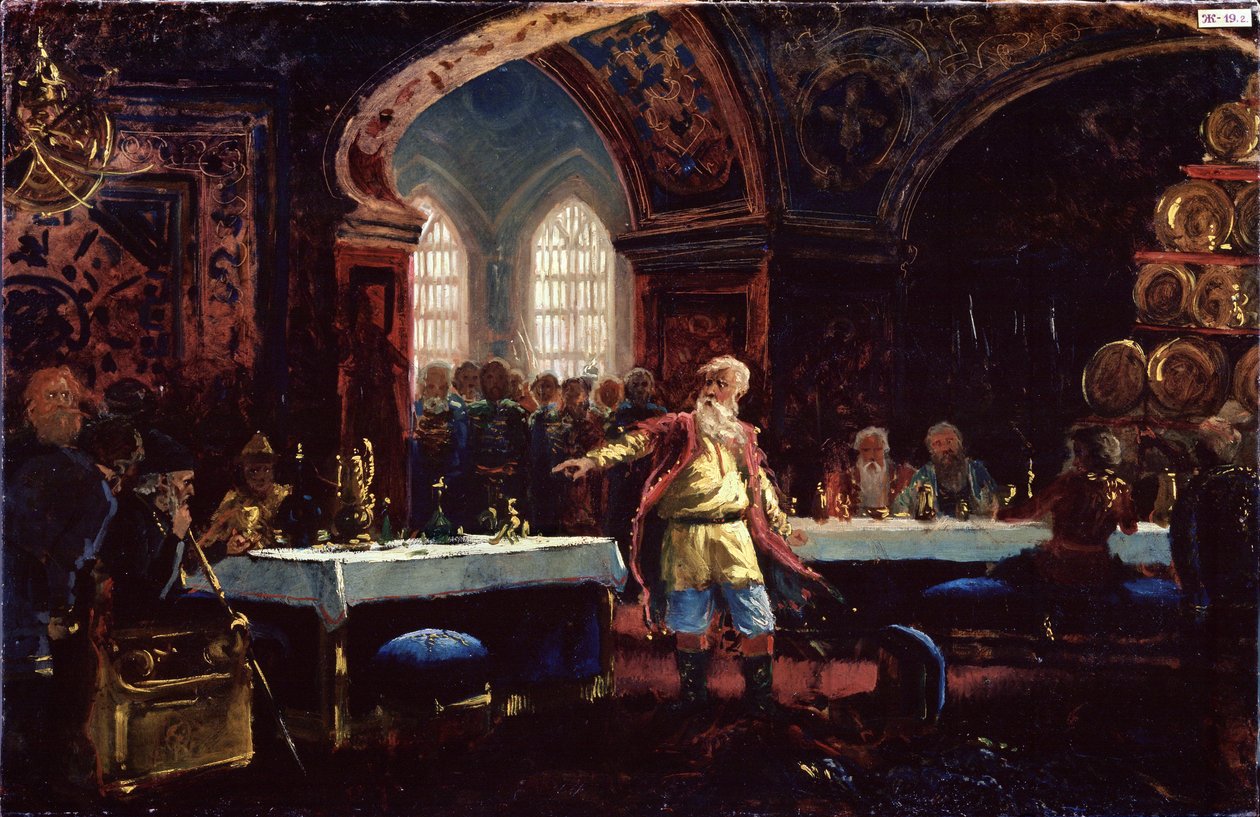 Hrabia Michael Repnin (?) na święto Iwana Groźnego (1530-1584). (Hrabia Michaił Repnin W Iwan Strasznej Uczcie). Stojący pośrodku zastawionych stołów Repnin potępia politykę cara. Obraz Konstantina Jegorowicza Makowskiego (Constantin Mak autorstwa Konstantin Egorovich Makovsky