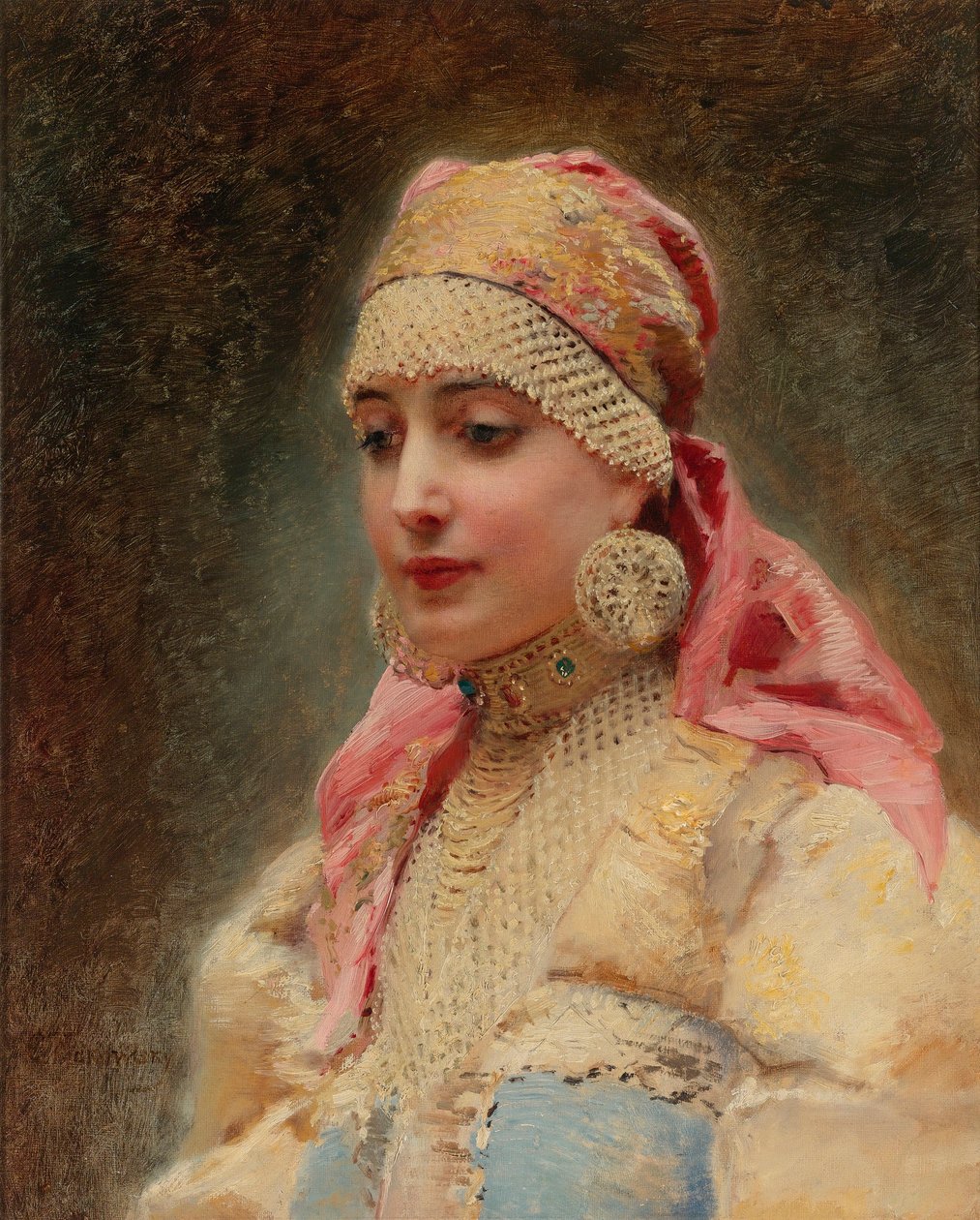 ""Portret żony bojara"" (boiar, bojar) - Obraz Konstantina Jegorowicza Makowskiego (Constantin Makowski) (1839-1915), olej na płótnie, ok. 1890 - (Żona bojara, olej na płótnie autorstwa Konstantina Jegorowicza Makowskiego autorstwa Konstantin Egorovich Makovsky