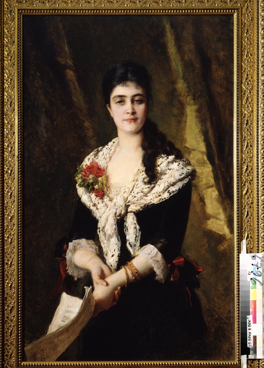 Portret śpiewaczki A. Panaeva Kartseva za rolę Tatiany w operze Eugeniusz Oneguine Piotra Czajkowskiego. (Portret śpiewaczki A. Panaevy Kartsevy jako Tatiany w operze Eugeniusz Oniegin P. Czajkowskiego). Obraz Konstantina Jegorovic autorstwa Konstantin Egorovich Makovsky