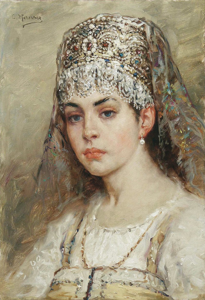 Portret kobiety bojarskiej (boiar, boiar): jest ubrana w sukienkę sarafan i ma na głowie kokoshnik, tradycyjna fryzura - Obraz Konstantina Jegorovicha Makovsky