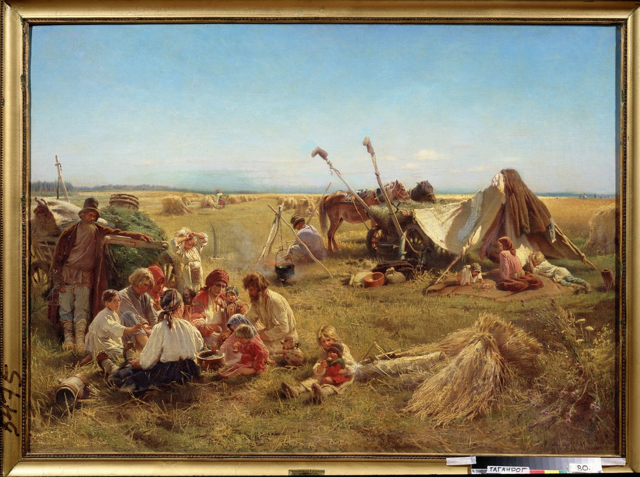 Posiłki chłopów w okresie żniw. (Posiłek chłopski w czasie żniw). Obraz Konstantina Jegorowicza Makowskiego (Constantin Makovsky) (1839-1915), olej na płótnie autorstwa Konstantin Egorovich Makovsky