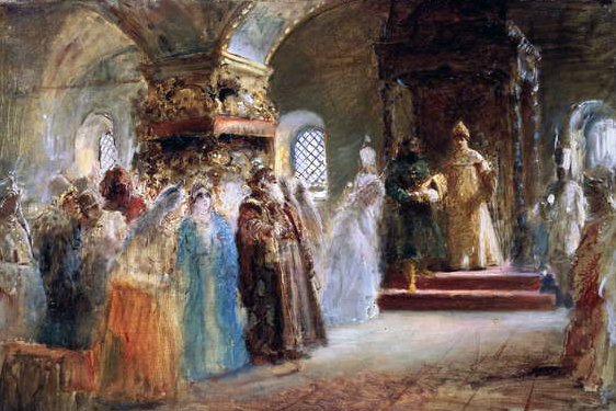 Car Aleksiej Michajłowicz (1629-76) wybiera pannę młodą autorstwa Konstantin Egorovich Makovsky