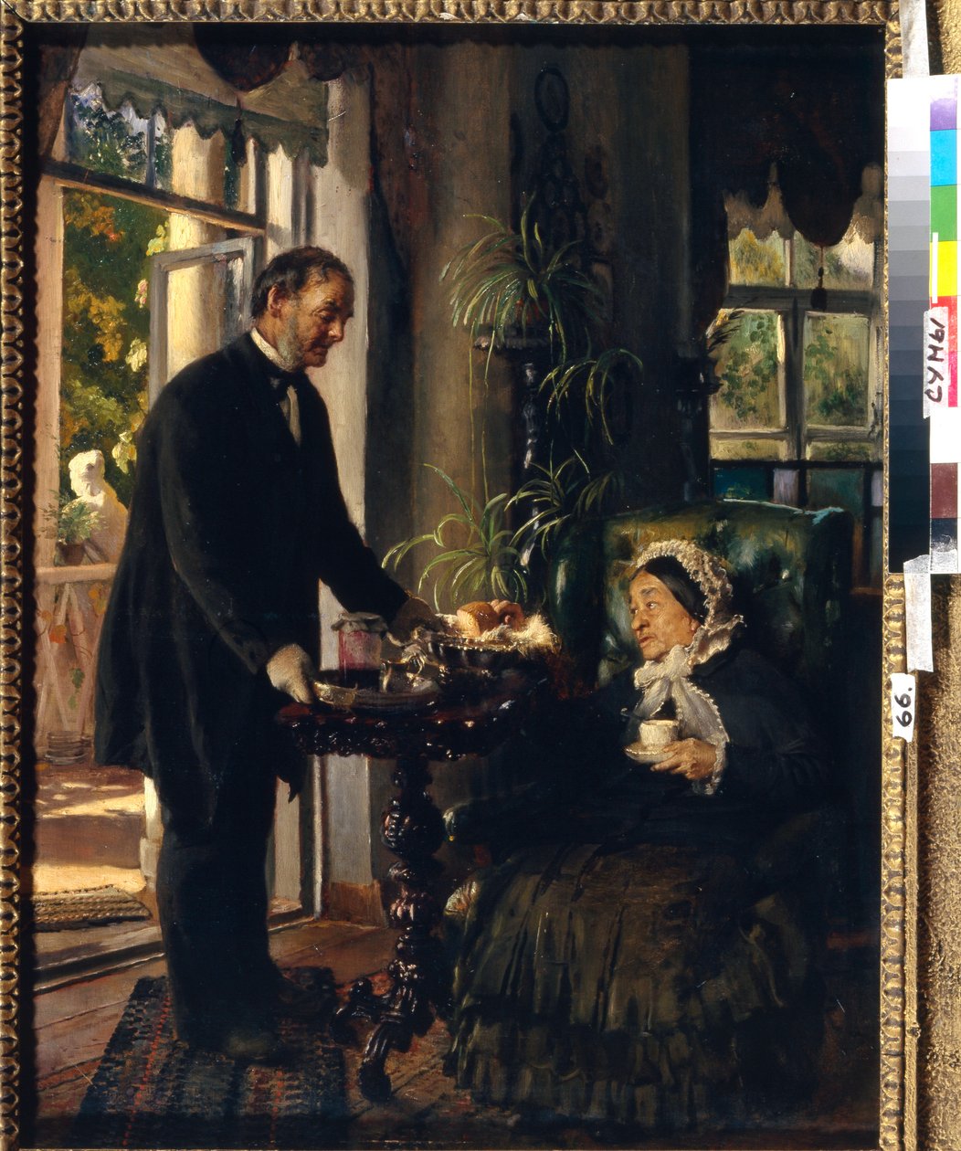 Kasztanowa rezydencja. (Starsza pani bierze herbatę, podawaną przez służącego, który daje jej chleb i dżem). Obraz Konstantina Jegorowicza Makowskiego (Constantin Makovsky) (1839-1915), olej na płótnie autorstwa Konstantin Egorovich Makovsky