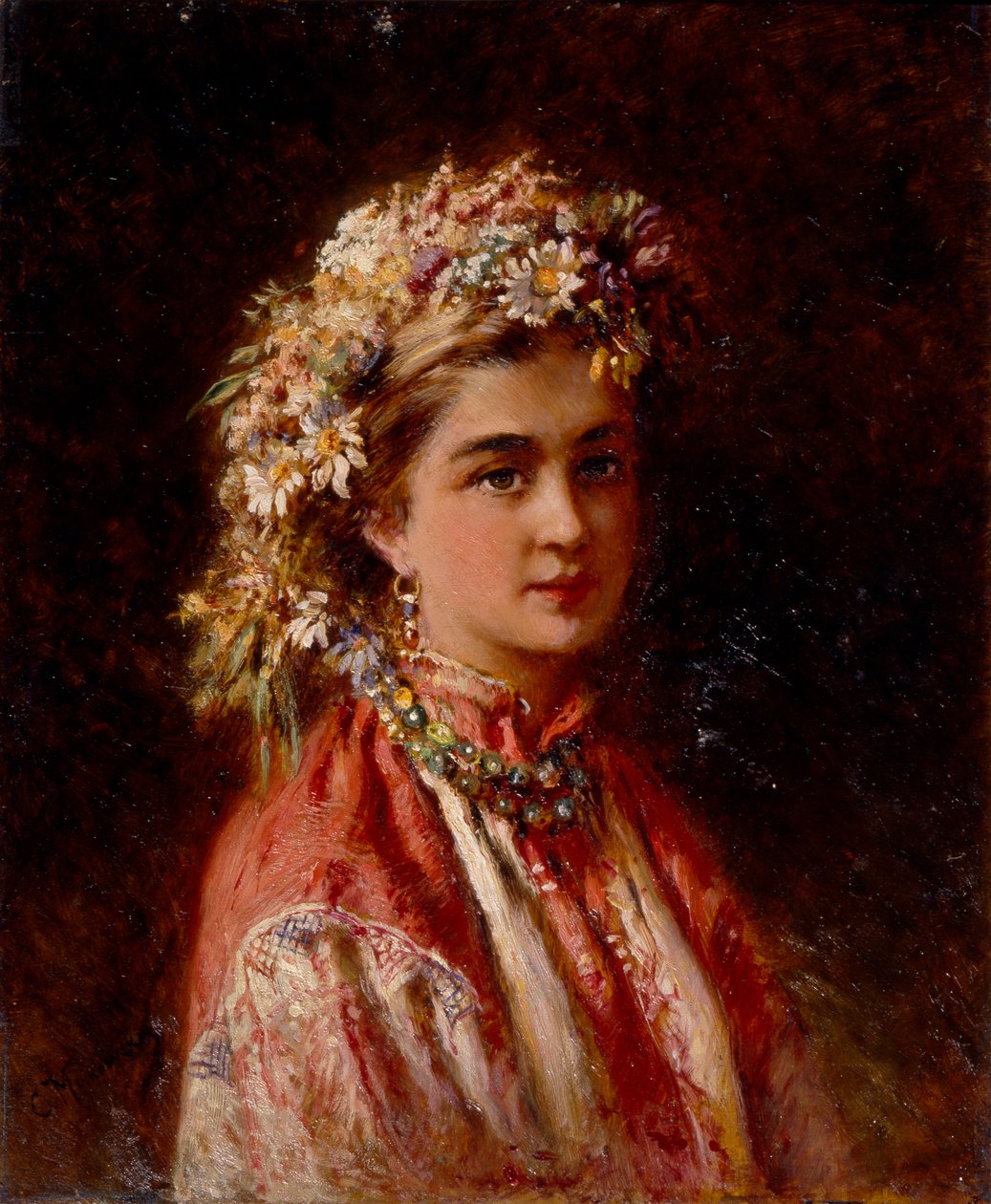 Młoda dziewczyna z girlandą kwiatów autorstwa Konstantin Egorovich Makovsky
