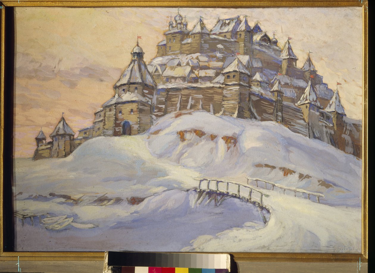 Antiga fortaleza russa. (Cidade fortificada de madeira, sob a neve na Ucrânia na Idade Média). Obra de Konstantin (Constantin) Ivanovich Gorbatov (1876-1945), têmpera sobre madeira, início do século XX. Coleção particular.polonês autorstwa Konstantin Ivanovich Gorbatov