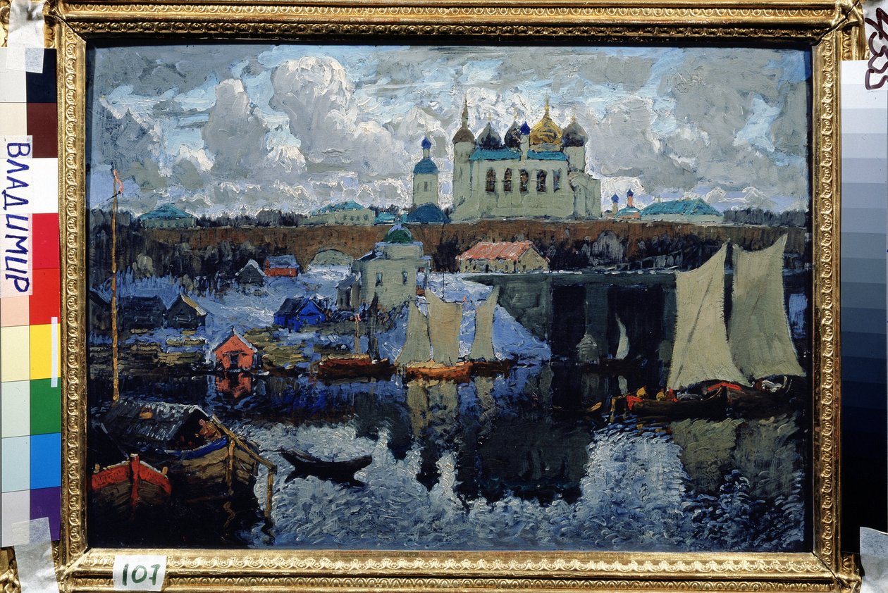 Most w Nowogrodzie (Rosja) (Nowogród, molo). Malarstwo Konstantina (Constantina) Iwanowicza Gorbatowa (1876-1945), olej na płótnie autorstwa Konstantin Ivanovich Gorbatov