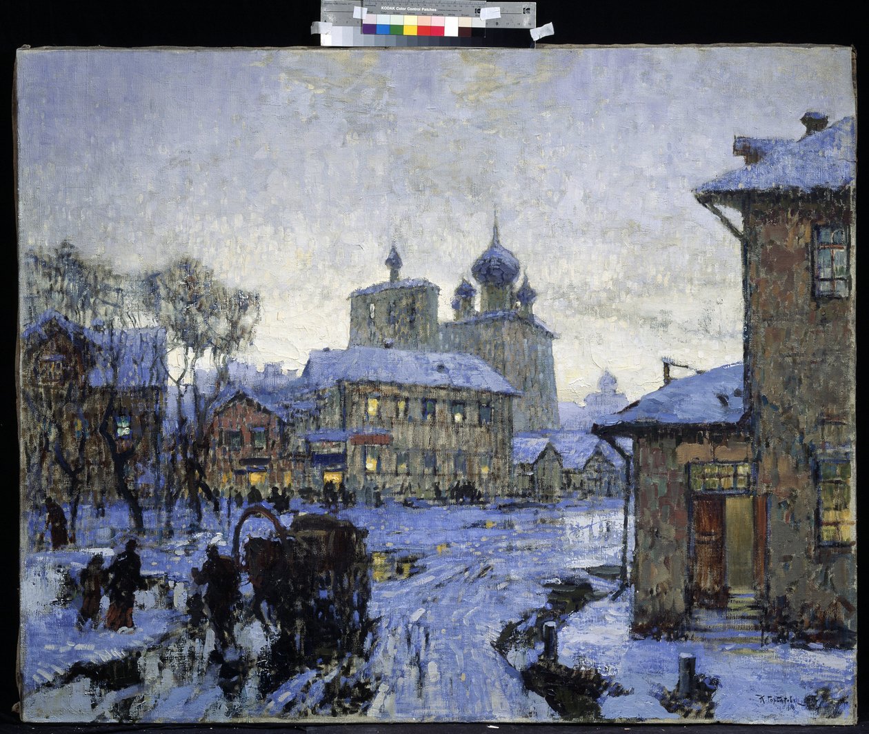 „Odwilż” Krajobraz rosyjskiej wsi pod koniec zimy. Obraz Konstantina (Constantina) Gorbatowa (1876-1945) 1910 Muzeum Sztuki im. M. Kroshitsky