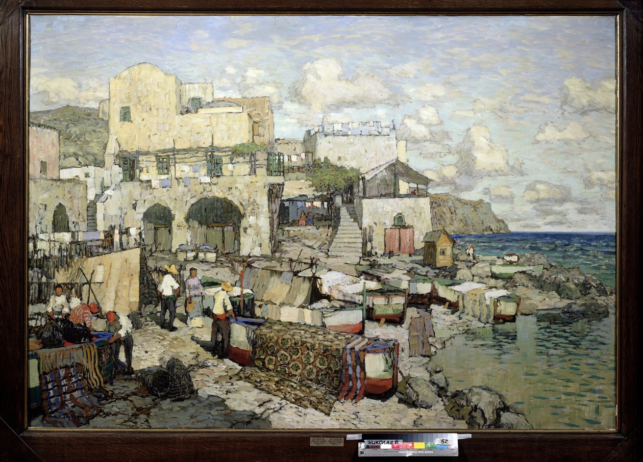 Widok na wyspę Capri (Włochy). (Widok na wyspę Capri). Obraz Konstantina (Constantina) Iwanowicza Gorbatowa (1876-1945), olej na płótnie. Sztuka rosyjska XX wieku, realizm. Regionalne Muzeum Sztuki im. W. Wereszczagina, Mikołajów (lub Nikołajew, Ukraina) autorstwa Konstantin Ivanovich Gorbatov