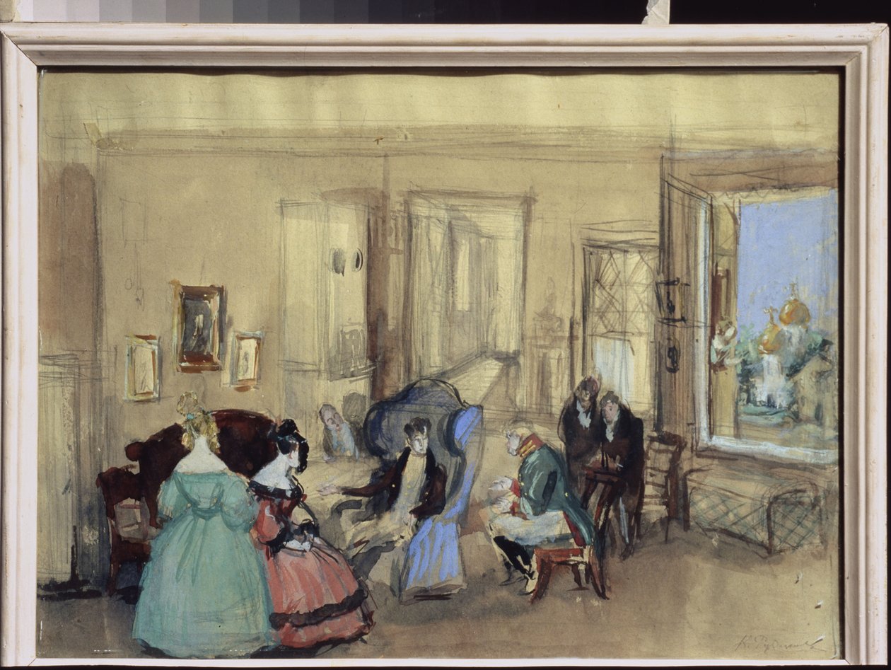 Scena ze sztuki teatralnej "Rewizor" Mikołaja Gogola (1809-1852) (Scena ze sztuki teatralnej Rewizor N. Gogola) - Dzieło Konstantego Iwanowicza Rudakowa (Konstantyna Roudakowa) (1891-1949) , akwarela i gwasz na papierze - Scenografia artystyczna autorstwa Konstantin Ivanovich Rudakov