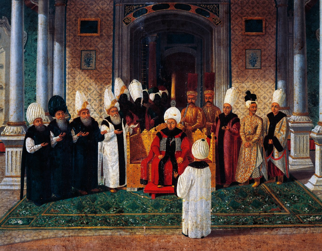 Selim III (1761-1808) przyjmujący dygnitarzy pod baldachimem Bramy Szczęśliwości w Topkapi, detal z ceremonii wstąpienia na tron sułtana Sulejmana III, ok. 1789 (olej na płótnie) autorstwa Konstantin Kapidagli