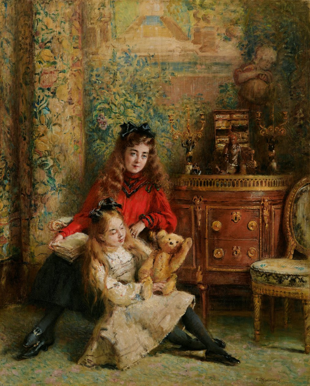 Portret córek artysty Olgi i Mariny z pluszowym misiem autorstwa Konstantin Makovsky