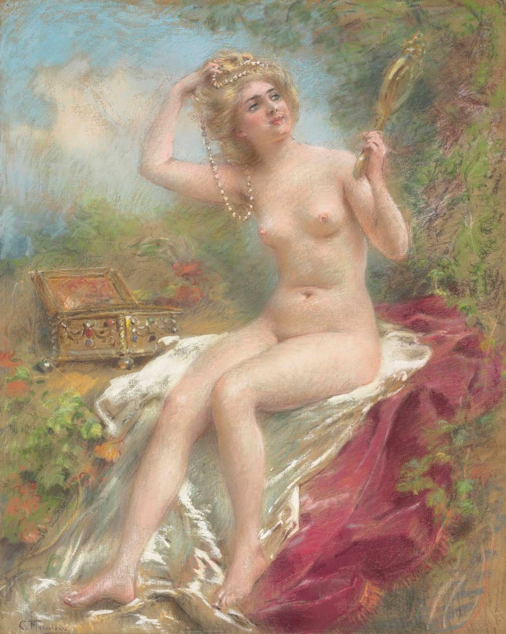 Siedzący akt patrzący w lustro autorstwa Konstantin Makovsky