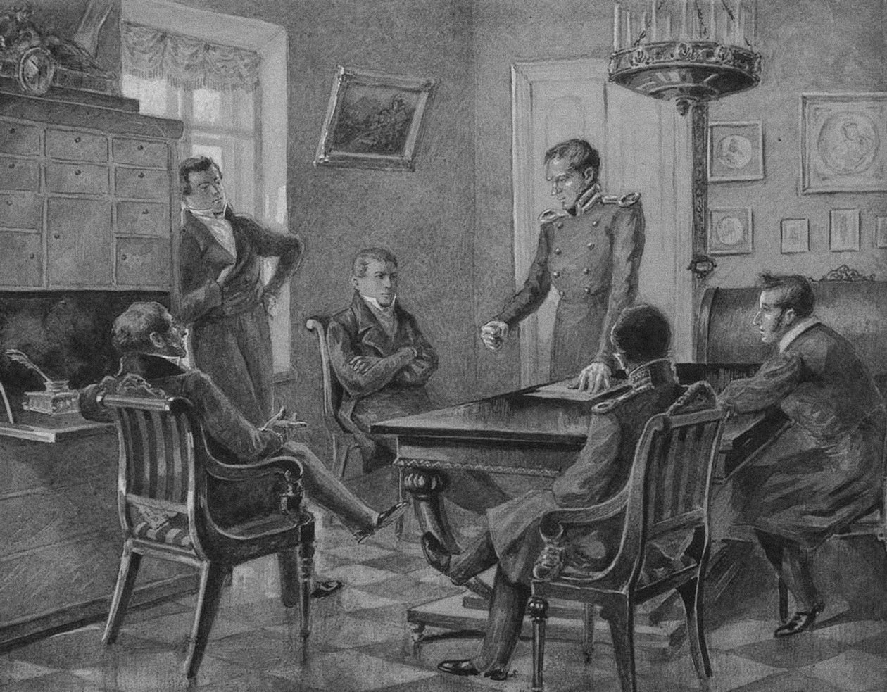 Przemówienie Pawła Pestela na zebraniu Północnego Towarzystwa Dekabrystów w Petersburgu, 1936 r. autorstwa Konstantin Mikhailovich Goldstein