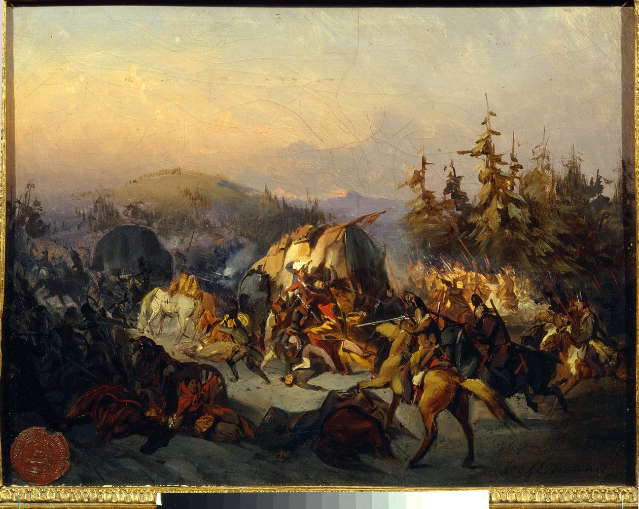Kozacy rosyjscy atakują wojska francuskie w drodze, epizod bitwy pod Moskwą (Borodino) w 1812 r. - Obraz Konstantina Nikołajewicza Filippova (1830-1878), olej na płótnie, 30x38 cm - Kozacy rosyjscy atakują wojska francuskie w drodze autorstwa Konstantin Nikolaevich Filippov