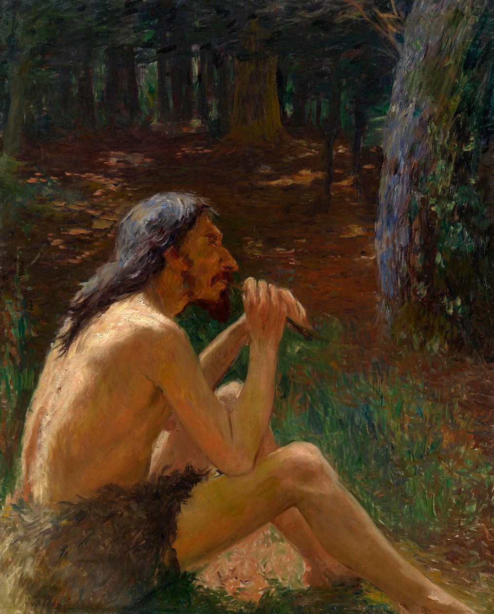 Jaskiniowiec grający na flecie - Obraz Konstantina Pawłowicza Kuzniecowa (1863-1936), olej na płótnie (95x77 cm), sztuka rosyjska XIX-XX w. - Kolekcja prywatna autorstwa Konstantin Pavlovich Kuznetsov