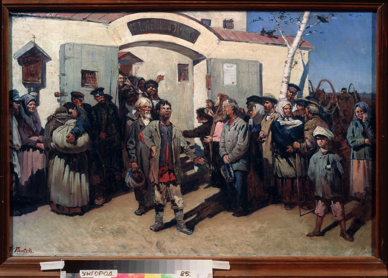 Powrót do wolności. (Zwolnienie więźniów zakładu karnego, ich oczy utkwione są w niebo i czeka na nich poruszony tłum). Obraz Konstantina Pietrowicza Pyneeva (1868-1922), olej na płótnie. Sztuka rosyjska autorstwa Konstantin Petrovich Pyneev