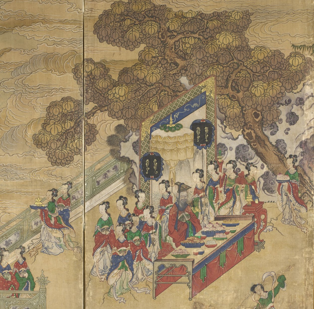 Dongwanggong, fragment z Bankietu w Seowangmo, ok. 1800 (atrament, kolor i złoto na jedwabiu) autorstwa Korean School