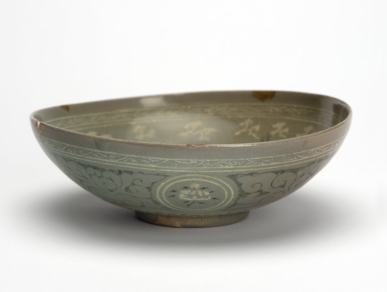 Miska z żurawiami i chmurami, ok.1150-1200 (kamionka szkliwiona seledynem) autorstwa Korean School