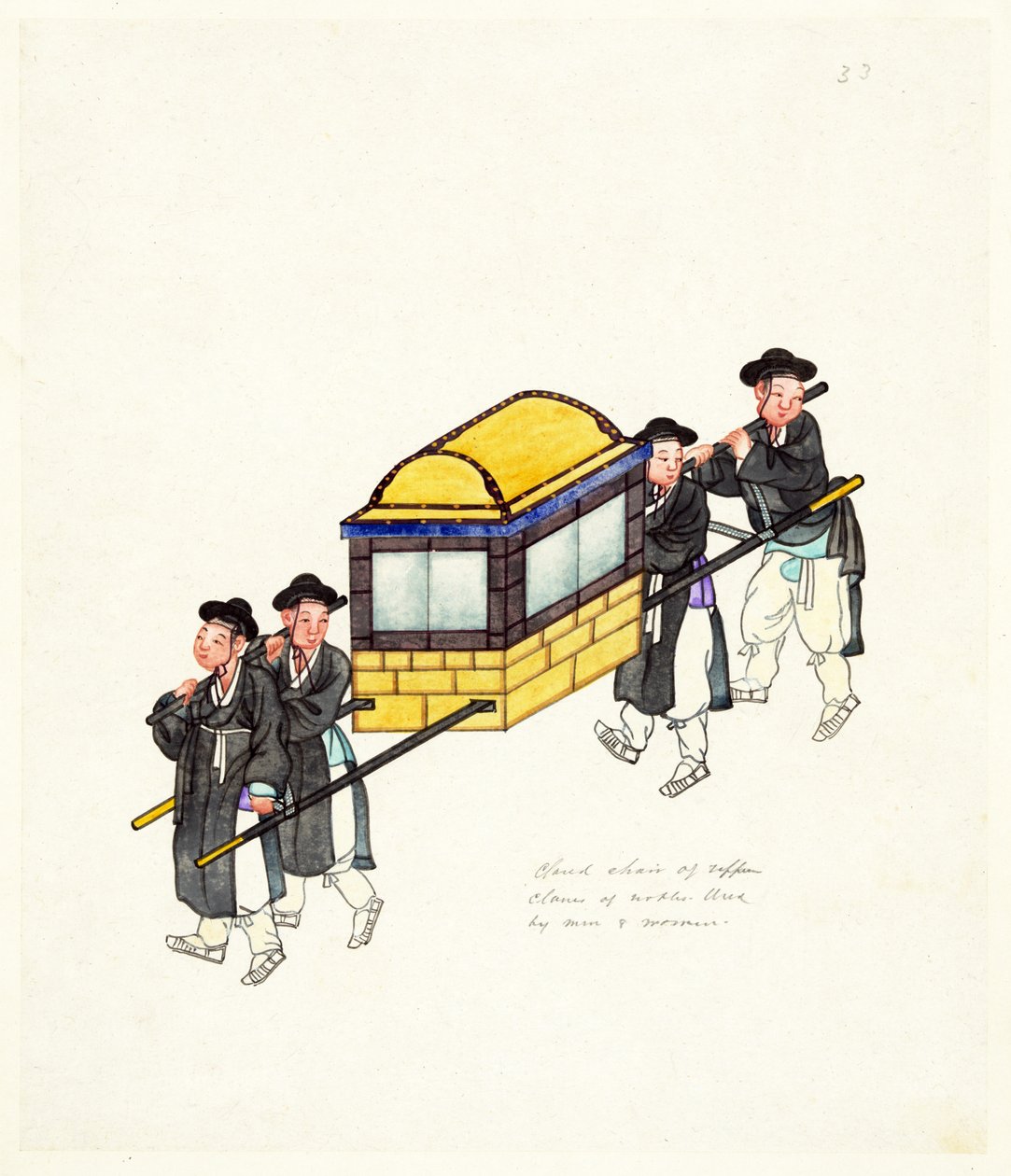 Przykład zamkniętego palanquina, opublikowany ok. 1890 (ręcznie kolorowe grawerowanie) autorstwa Korean School
