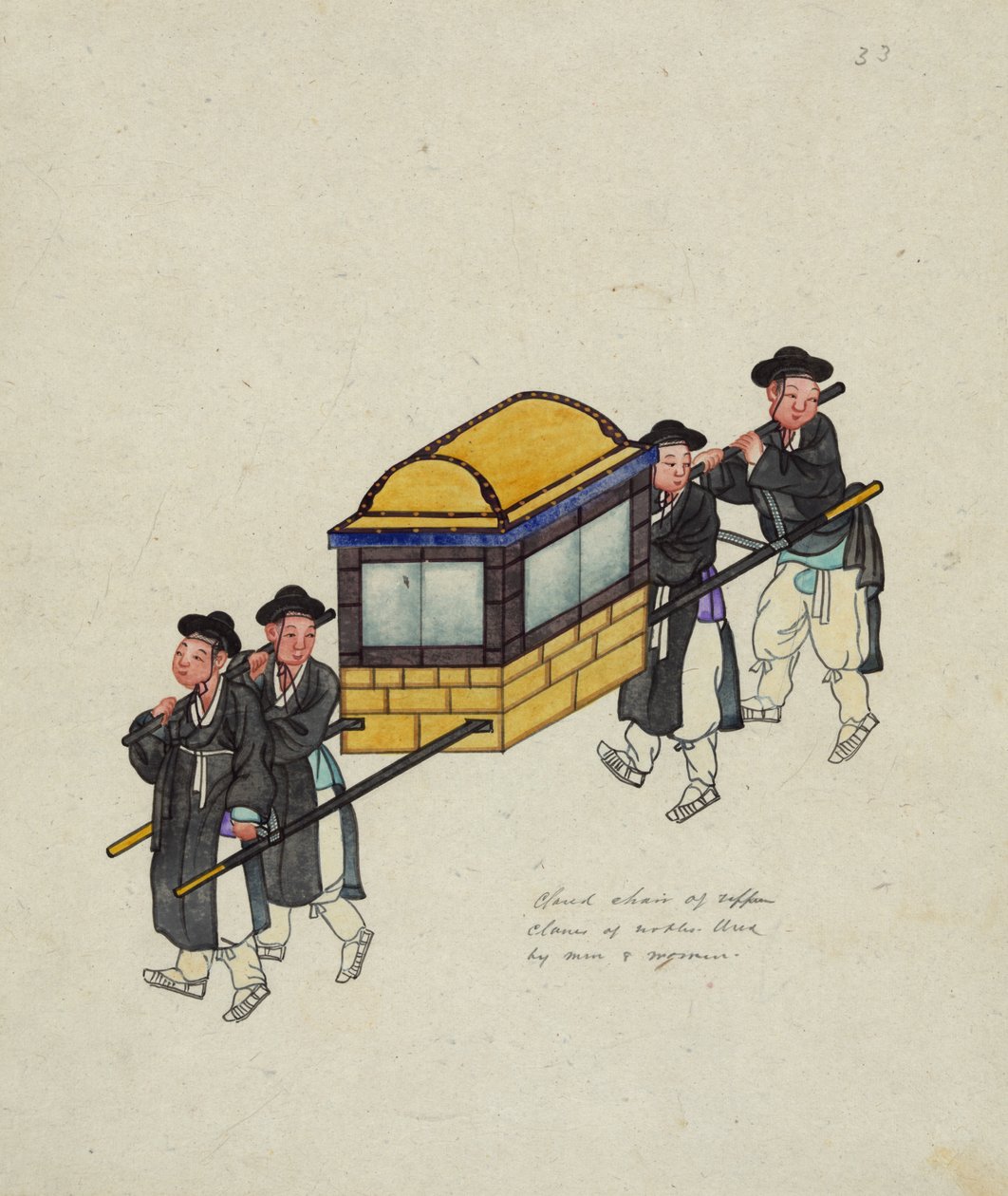 Czterech tragarzy niosących urzędnika w „gamie” lub palankinie, ok. 1890 r autorstwa Korean School