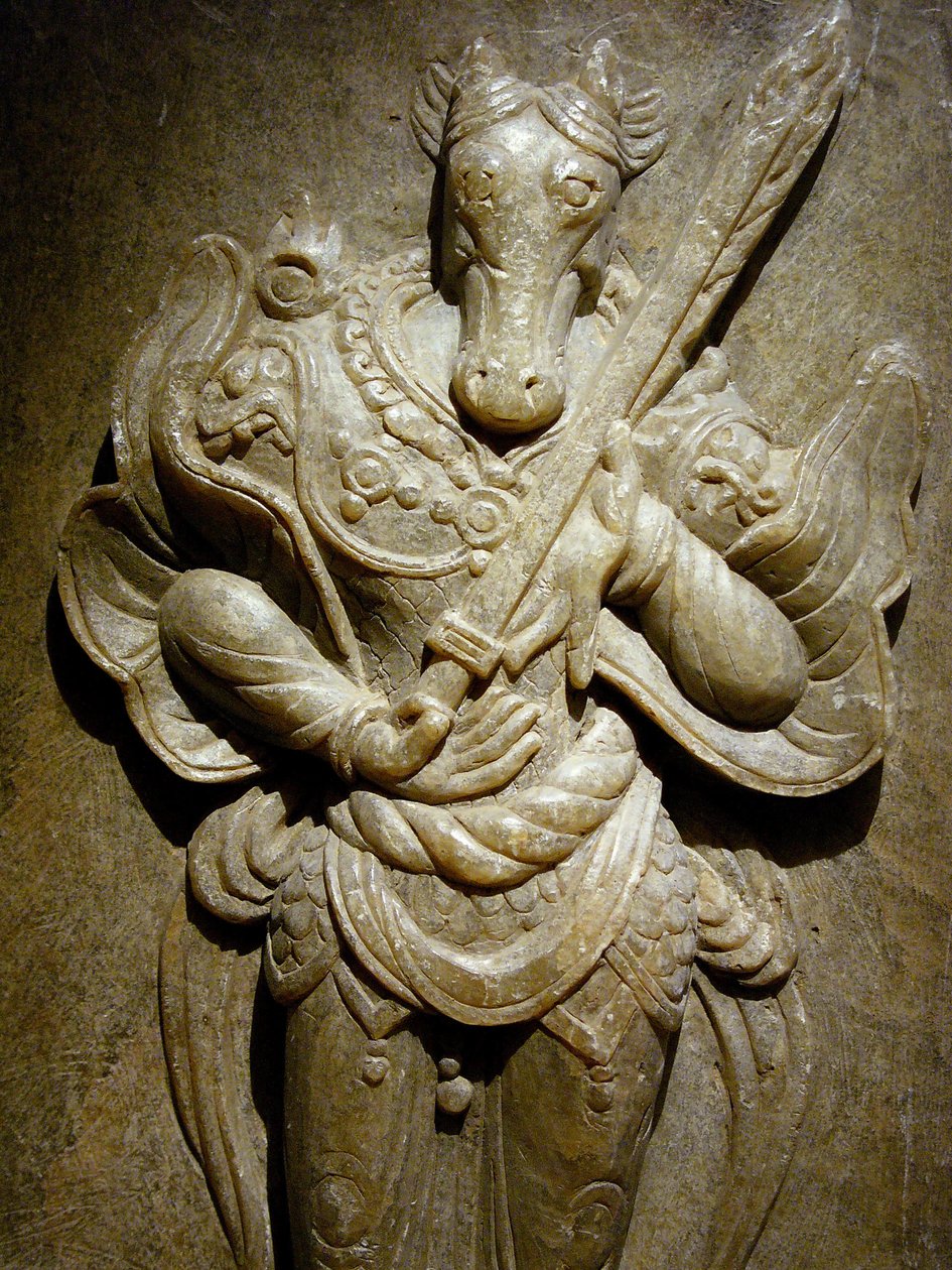 Ozdoba nagrobna, koń zodiaku na agalmatolicie, VIII wiek, okres Królestwa Północnego i Południowego, Korea. Fotografia, Muzeum Narodowe w Seulu, Republika Korei autorstwa Korean School