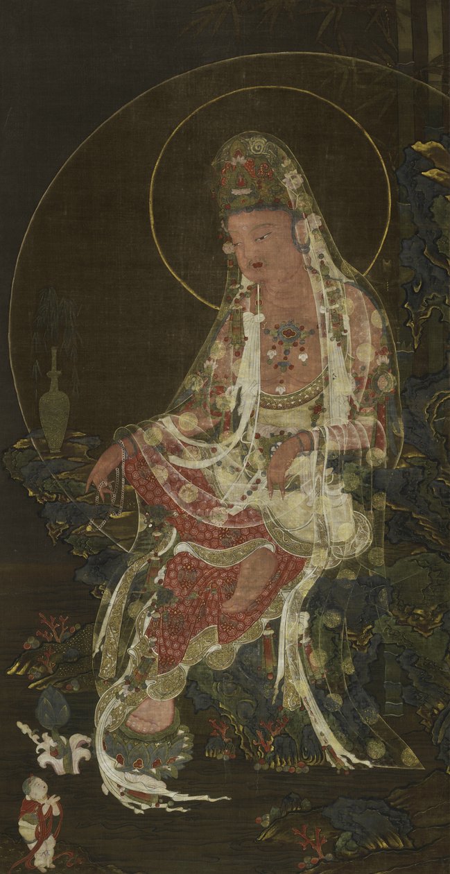 Kabantis ritinys, vaizduojantis gluosnio šakelę Bodhisattva Avalokiteshvara (Kwanseûm Posal), sėdinčią Rojaus sode, Koryô dinastijoje (rašalas, spalva ir auksas ant šilko) autorstwa Korean School