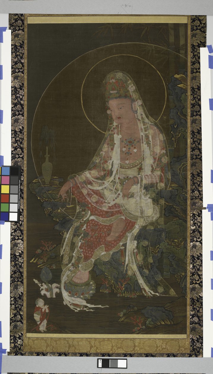 Bodhisattwa Avalokiteshvara (Kwanseûm Posal) siedzący w rajskim ogrodzie, dynastia Koryo (tusz, kolor i złoto na jedwabiu) autorstwa Korean School