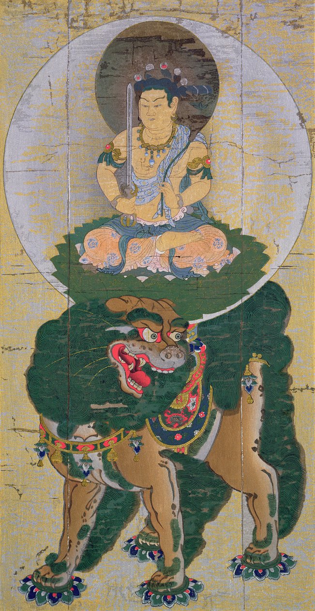 Bodhisattwa Mandziuśri jadący na lwie oddychającym parą, ilustracja po kakemono z XI wieku ze świątyni Kozan-Ji w Yamashiro, opublikowana w czasopiśmie The Kokka, maj 1904 ( autorstwa Kose no Hirotaka