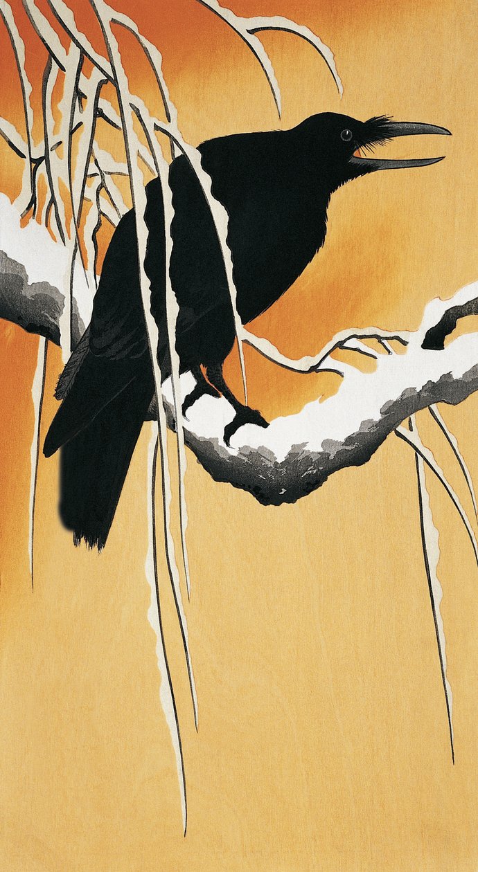 Kruk siedzący na gałęzi (Corvus corax) autorstwa Ohara Koson