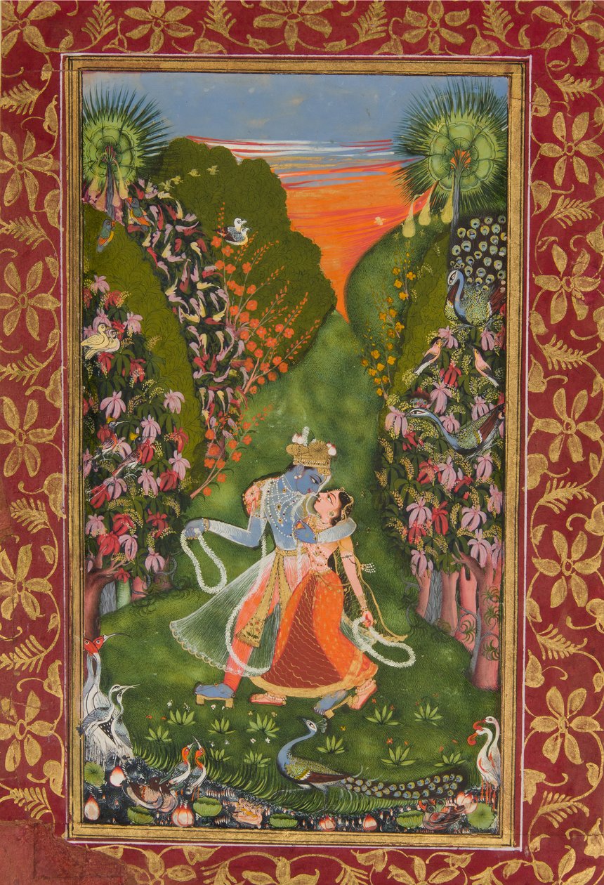 Radha i Krishna spacerują po kwitnącym zagajniku, Krishna Fluting verso, c1720 r, c1750-75 v autorstwa Kota Master
