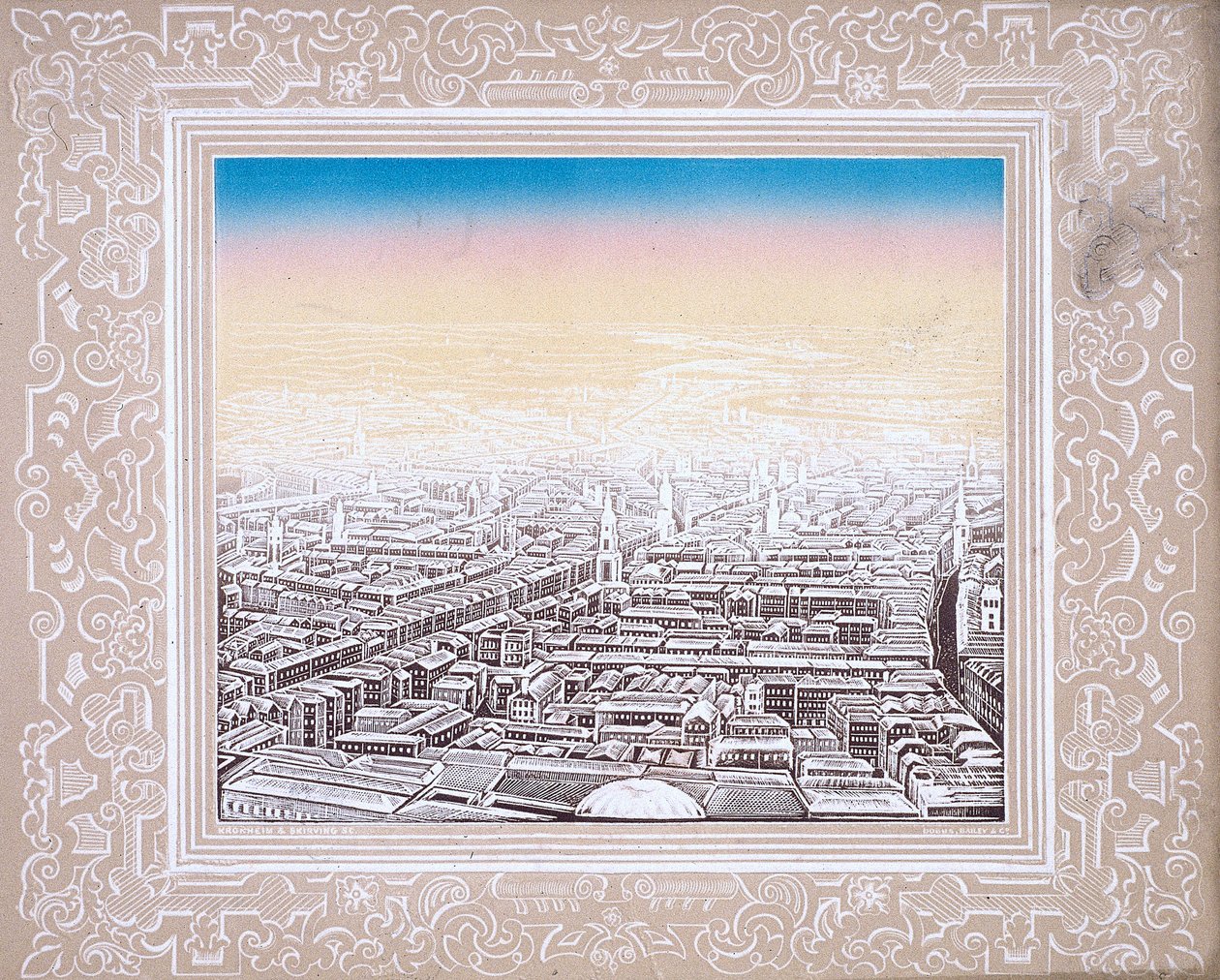 Widok z lotu ptaka na Londyn oprawiony w ozdobną ramkę, c1845 autorstwa Kronheim and Co