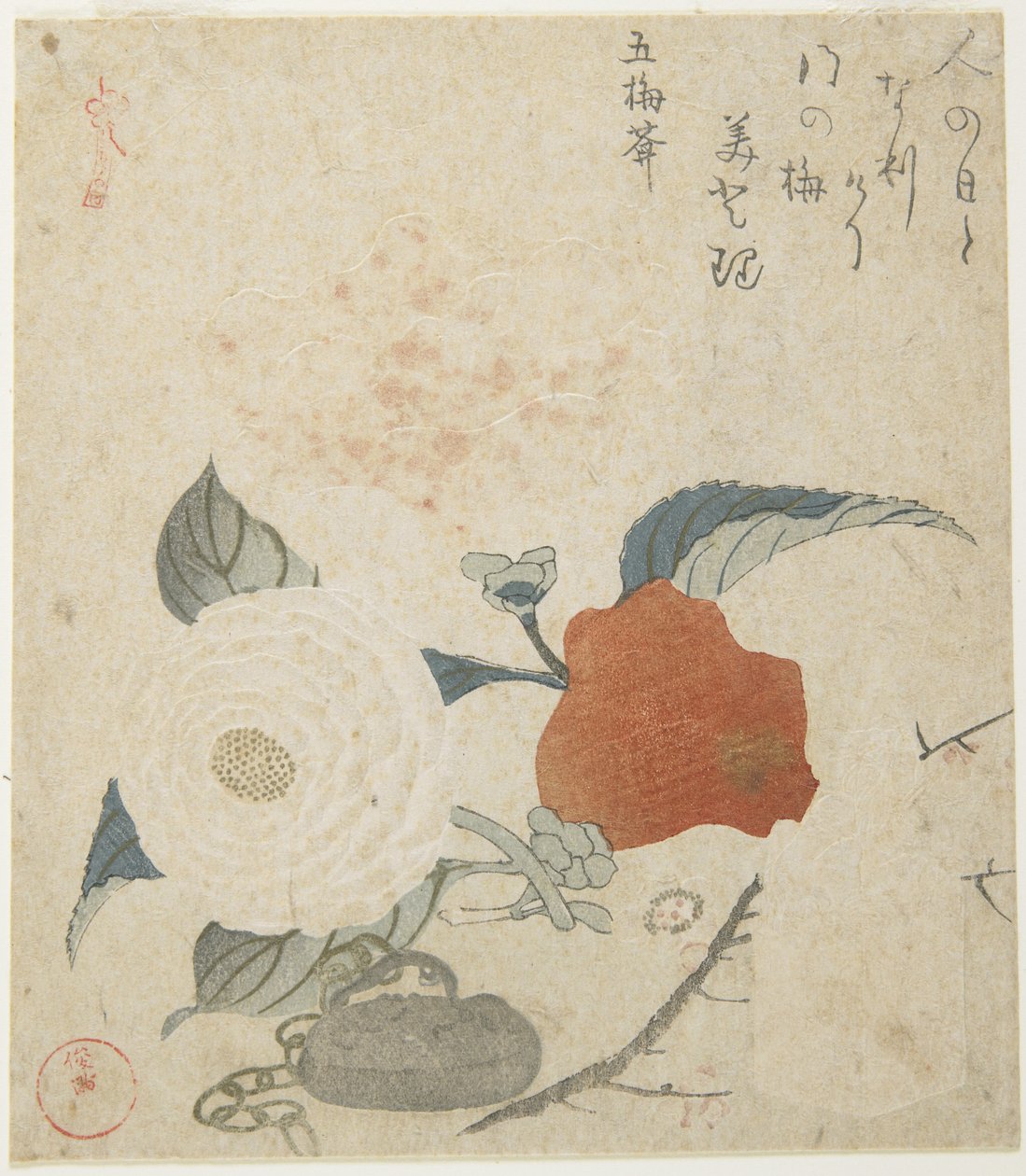 (Gałąź śliwki, kwiat piwonii i metalowa pieczęć), 1816 autorstwa Kubo Shunman