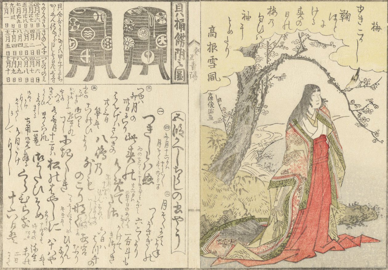 Dama dworska pod starą śliwką, dwie szafki z lakierem do gry w dopasowywanie muszli, 1793. autorstwa Kubo Shunman