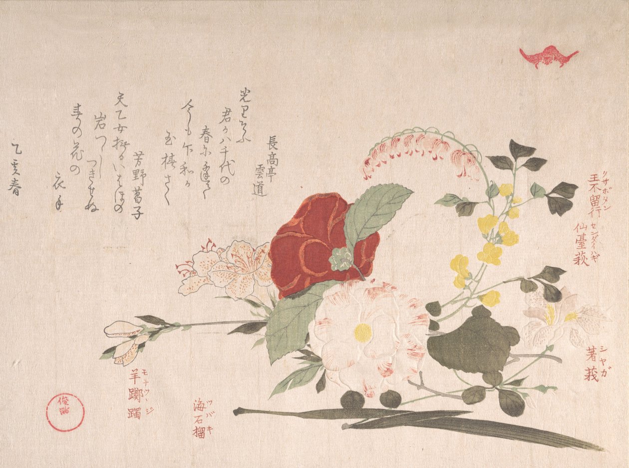 Kolekcja wiosennego deszczu Harusame shu, obj. 2: Kwiaty cięte: Clematis, Bus..., 1815 Rok Wołu. autorstwa Kubo Shunman
