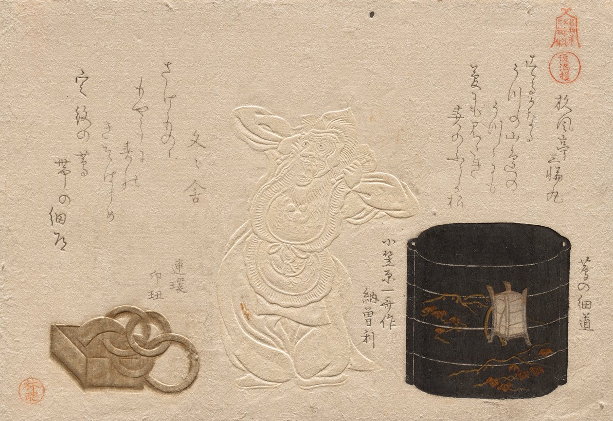 Trzy Antyki z serii Cenione Przedmioty: Skóra; Inro?; Netsuke (Meibutsu: Kawa; do? inro?; do? netsuke) autorstwa Kubo Shunman
